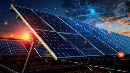 High tech solar panels with holographic data at sunset
