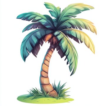 recommend clip art: A leaning coconut palm, stylized cartoon design, bold colors with a playful twist, isolated on white background