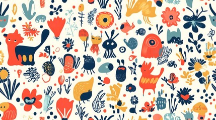 Vibrant and playful pattern of whimsical animals and flowers in a colorful abstract design for creative projects