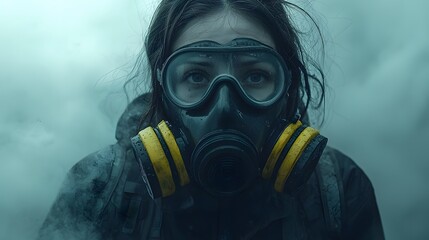 A person wearing a high-tech anti-pollution mask with visible PM 2.5 particles floating around in the air.