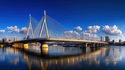 Fototapeta premium Sleek solar powered bridge reflecting in water under blue sky