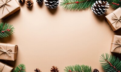 Retro presents under tree with ribbons and natural kraft wrapping, evoking a minimalist and festive Christmas mood