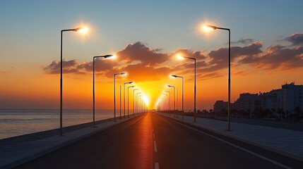 Sunset over coastal road lined with solar powered streetlights, creating serene atmosphere