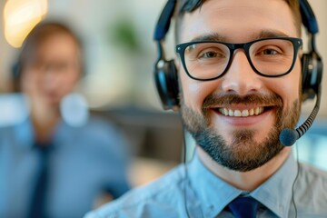 Obraz premium Smiling male call center representative with headset in office environment