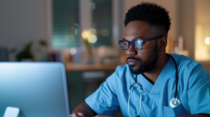 Focused Male Medical Professional Working on Laptop in Dimly Lit Office