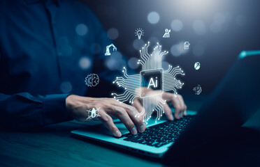 Programmer people working laptops or smartphones with AI, artificial intelligence software engineer coding on laptop computers with technology icons and binary code, big data, Ai bot digital machine