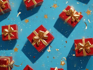  red gift with golden bow and ribbons placed on blue background