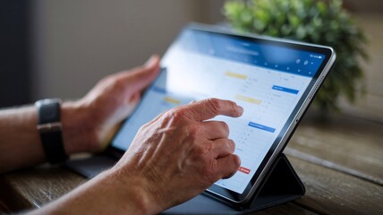 Close-Up of Hands Using Digital Tablet Touchscreen Interface Display