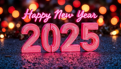 2025 Happy New Year red 3d on a bokeh blur background - holiday card.