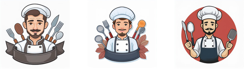 Naklejka premium Three cartoon chefs are depicted wearing chef hats and aprons, each with different kitchen utensils.