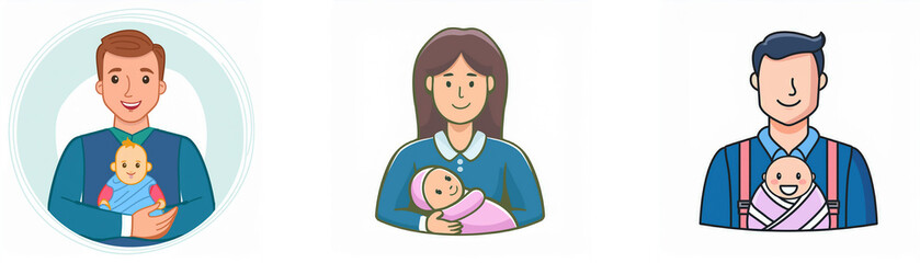Three cartoon illustrations of parents holding a baby.