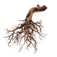 Fototapeta premium A tree root spreading out, nature's foundation, digital art, intricate and twisted brown roots, isolated on white background
