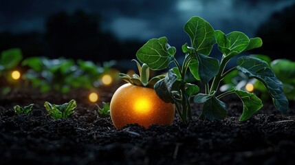 A glowing orange nestled among green leaves in dark soil, surrounded by soft light, creating a magical night garden scene.