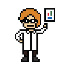 Cartoon cute pixel 8bit character man doctor or scientist game care for decoration pharmacist male doctor uniform in hospital 8 bit male pixel art png vector.