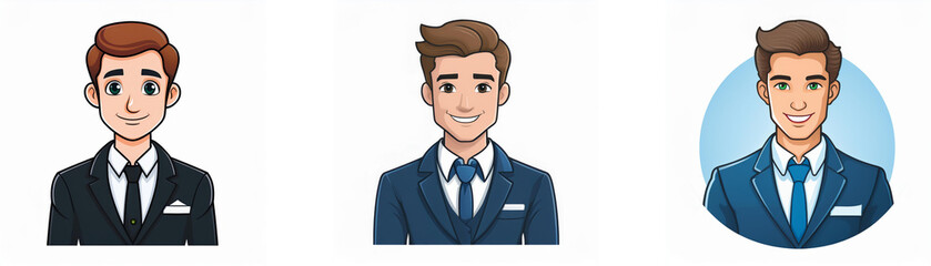 Three cartoon men are depicted in suits and ties with a slight smile and brown hair.