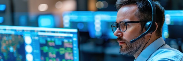 IT specialist in a headset monitoring data on multiple screens in a high-tech operations center