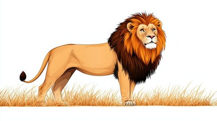 Obraz premium A majestic lion stands proudly in a grassy field, showcasing its powerful presence and regal features, symbolizing strength and bravery.