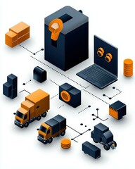 Obraz premium A modern illustration depicting logistics, featuring trucks, boxes, and digital elements for efficient shipping solutions.