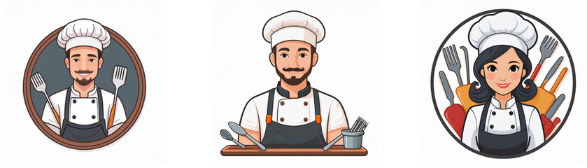 Three chefs, two men and one woman, are illustrated in different poses.