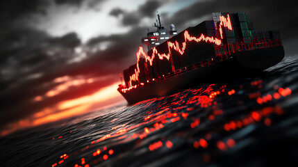Cargo ship with digital overlay at sunset