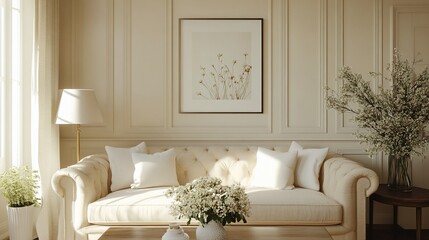 A white couch with white pillows sits in front of a wall with wainscoting and a framed print of flowers.  A vase of white flowers and a lamp are on the coffee table in front of the couch.