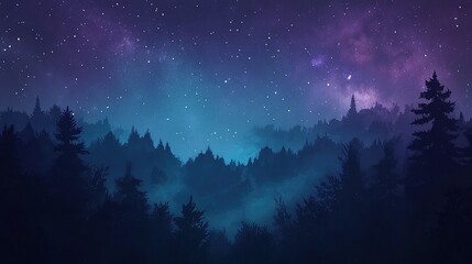 Fototapeta premium Starry night sky over forest silhouette.