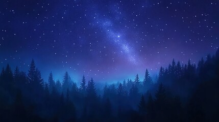 Naklejka premium Starry night sky over forest silhouette.