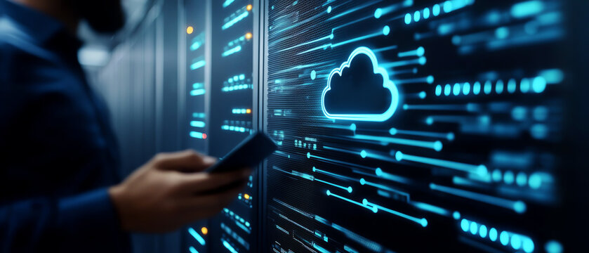 Cloud server room with digital interface