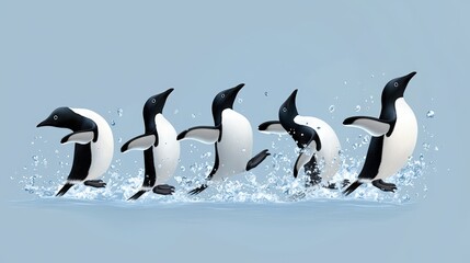 Fototapeta premium A playful sequence of penguins jumping through water, showcasing their agility and charm in a vibrant, icy environment.