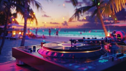 DJ turntable on beach at sunset, illuminated by neon lights against backdrop of palm trees, turquoise ocean, and glowing sky