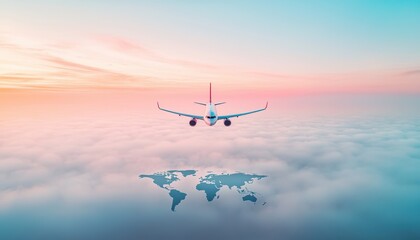 Airplane flying over clouds with a colorful sunset and world map overlay, aerial view, symbolizing travel and adventure.