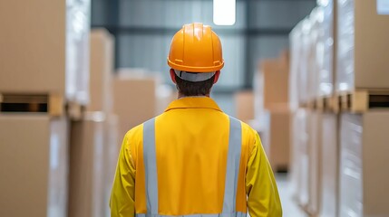 A worker in a yellow safety vest and helmet stands in a warehouse, surrounded by stacks of cardboard boxes, focused on his task.