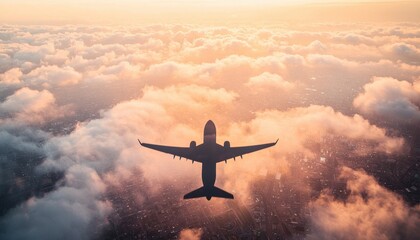 Naklejka premium Silhouette of an airplane flying above colorful clouds during sunset, aerial view.