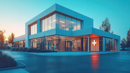 Modern hospital building with large windows, clean and welcoming exterior