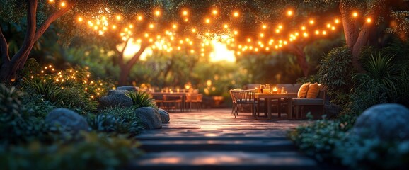 Naklejka premium Romantic Evening Patio with String Lights and Lush Greenery