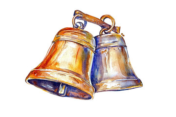 Two vintage bells elegantly crafted, showcasing a rich patina and intricate details against a contrasting transparent background.