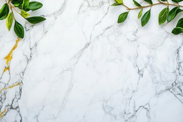 Elegant marble surface adorned with fresh green leaves, ideal for backgrounds or design projects.