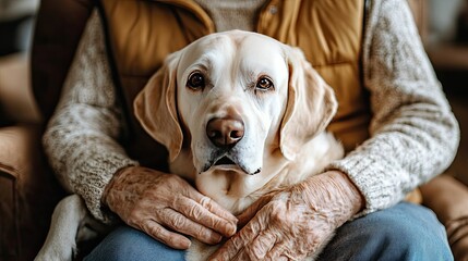 Service dog by the side of an elderly person with a supportive stance, wearing a vest, and showing dedication to aiding their daily activities.