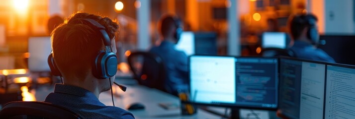 Tech support specialist working with multiple monitors in a busy office at sunset