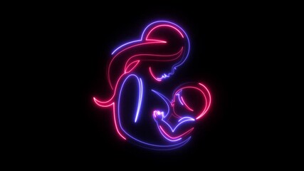 the mother is breastfeeding the baby. A linear drawing. World Breastfeeding Week. Vector isolated on a black background.