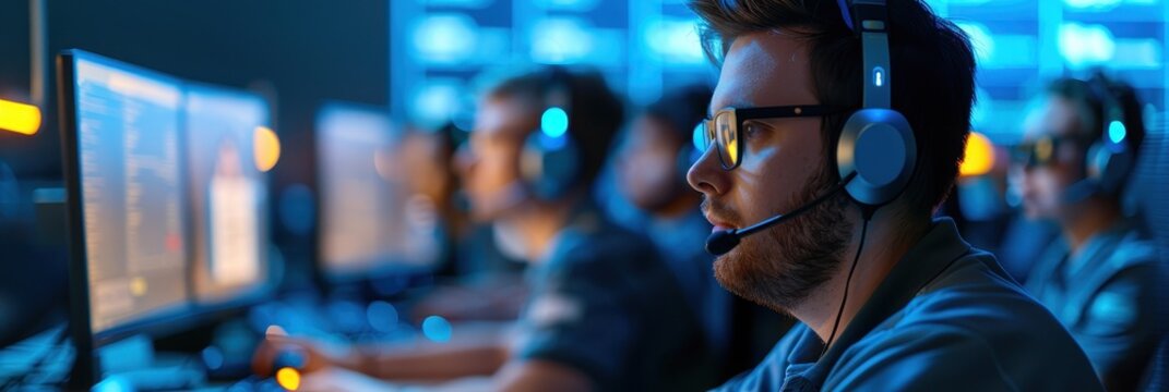 Focused cybersecurity analyst monitoring systems with headset in a blue-lit operations center