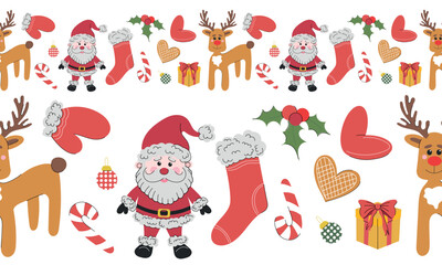 Christmas seamless border with stocking, santa claus, rein deer, gingerbread cookies, candy cane, holly berry plant tree decorations, gift box on white background. Hand drawn vector flat illustration