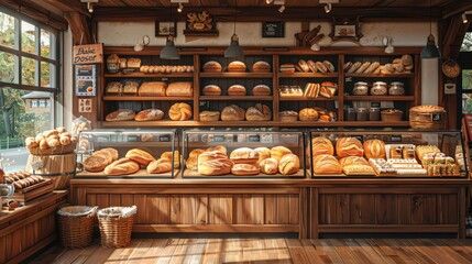 Fototapeta premium cozy bakery with freshly baked bread and pastries, highlighting the warmth and comfort of baked goods.