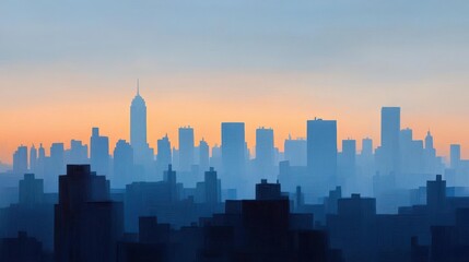 Fototapeta premium A city skyline at dusk, depicted in hazy oil paint strokes blending blue and orange