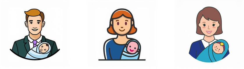 Three cartoon images depict parents holding a baby.