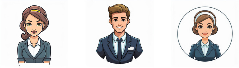 Three cartoon avatars of people, one man and two women, wearing business attire.