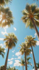 Polaroid Style Postmodern Vintage Sunlit Palm Trees Against Clear Blue Sky with Clouds