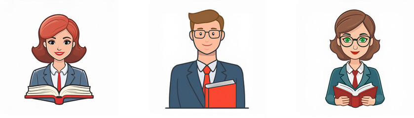 Three cartoon characters, two women and one man, are holding open books and wearing professional attire.