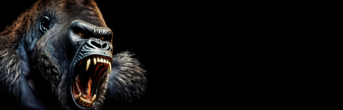 Portrait of a large silverback gorilla or mountain gorilla while roaring looking away, isolated on a black background with copy space. Angry powerful animal roaring showing teeth. Generative Ai.