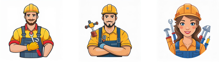 Three cartoon workers wearing yellow hard hats and blue overalls.